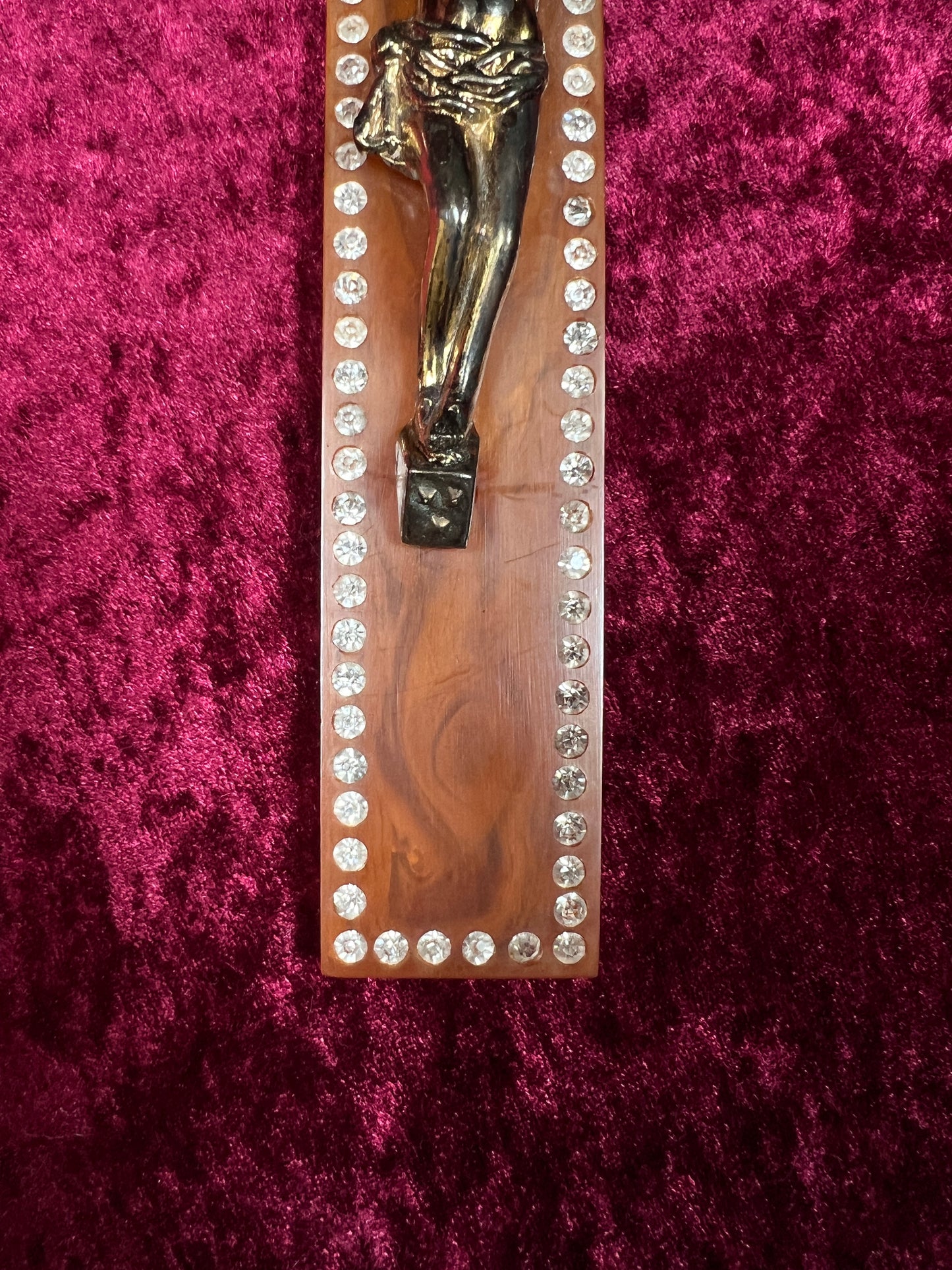 Vintage Bakelite Crucifix Cross - Butterscotch Swirl Rhinestone Religious Wall Hanging