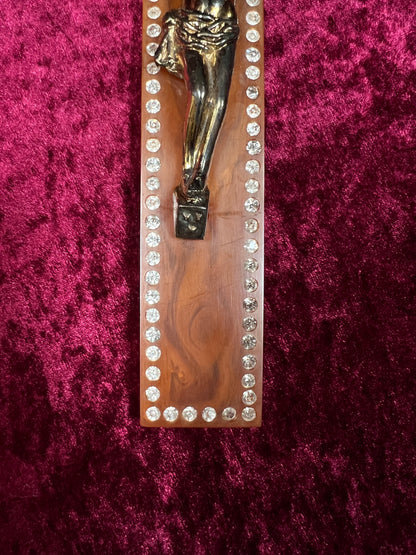 Vintage Bakelite Crucifix Cross - Butterscotch Swirl Rhinestone Religious Wall Hanging