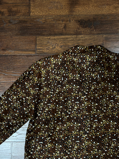 Vintage FY2 100% Silk Blouse - Brown Cheetah Animal Print Button Front - Size Medium