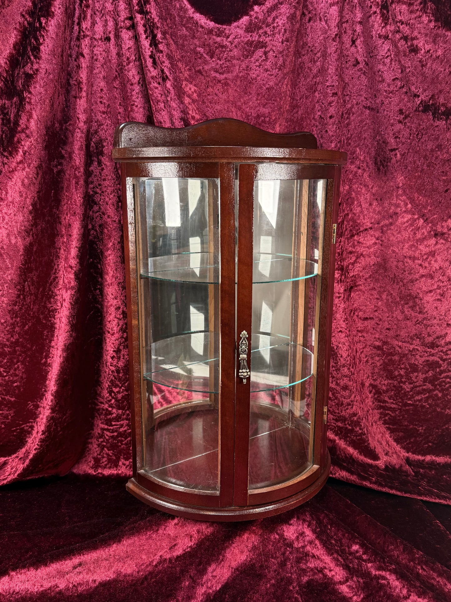 Vintage Curio Cabinet - Table Top Wood Curved Glass Cabinet - Mirrored Back - Glass Shelves - 20" Tall