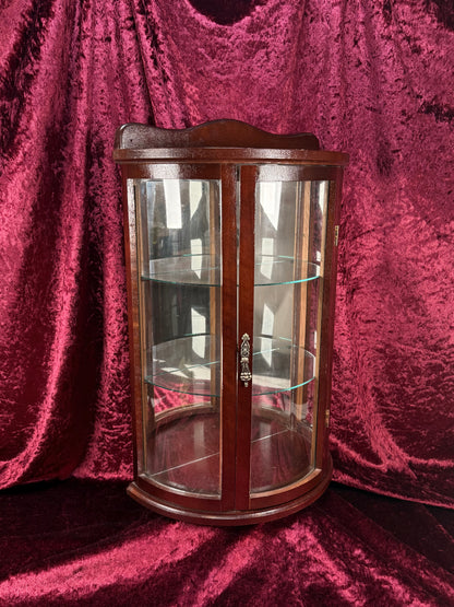 Vintage Curio Cabinet - Table Top Wood Curved Glass Cabinet - Mirrored Back - Glass Shelves - 20" Tall