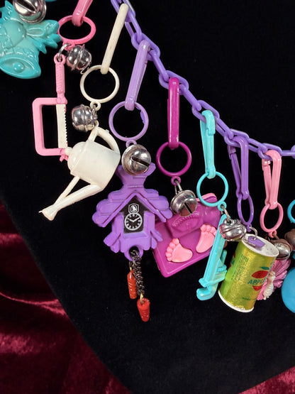 Vintage 1980s Plastic Chain Charm Necklace - 20 Bell Charms - Purple & Aqua Blue