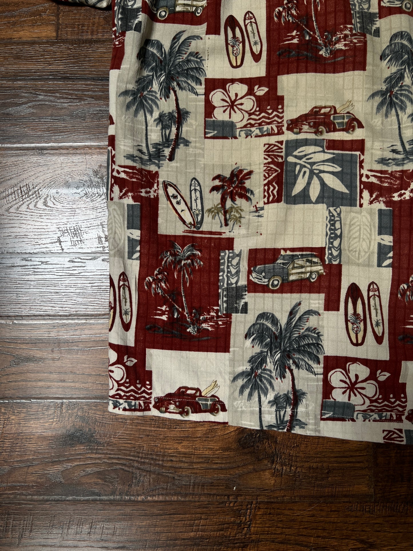 Vintage Paradise Blue Silk Rayon Shirt – Hawaiian Surf Car Print – Size Large