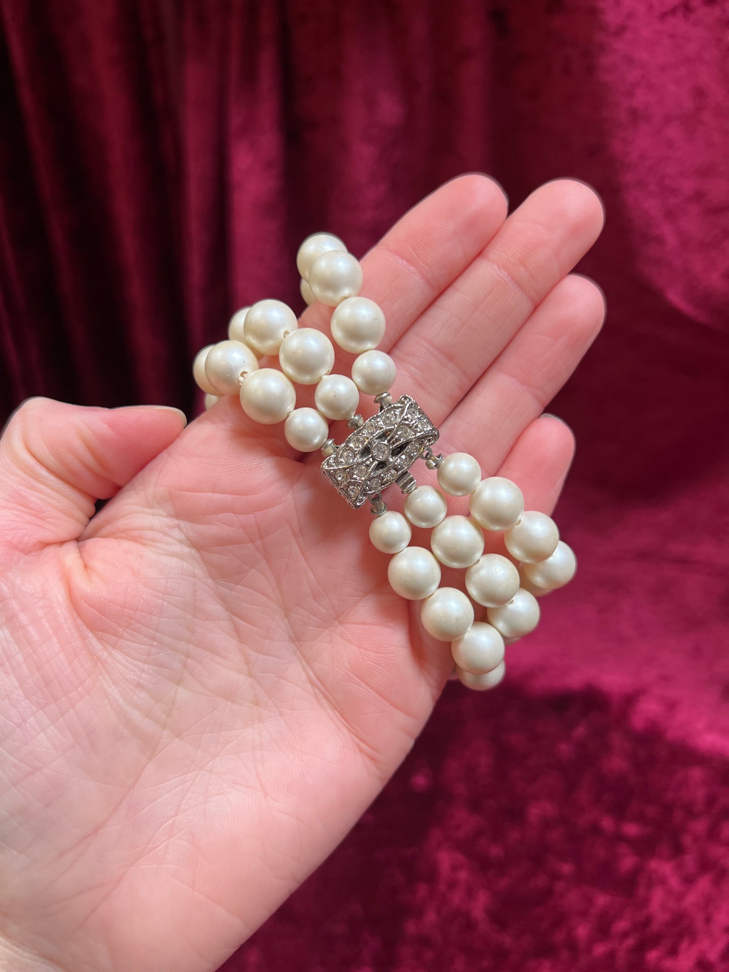 Vintage Jewelry - 3-Strand Bracelet - Faux Pearls with Rhinestone Clasp - 7.5"