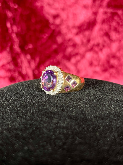 Vintage 14K Yellow Gold Ring – Faceted Amethyst in Cubic Zirconia Halo Setting - ESX - Size 7