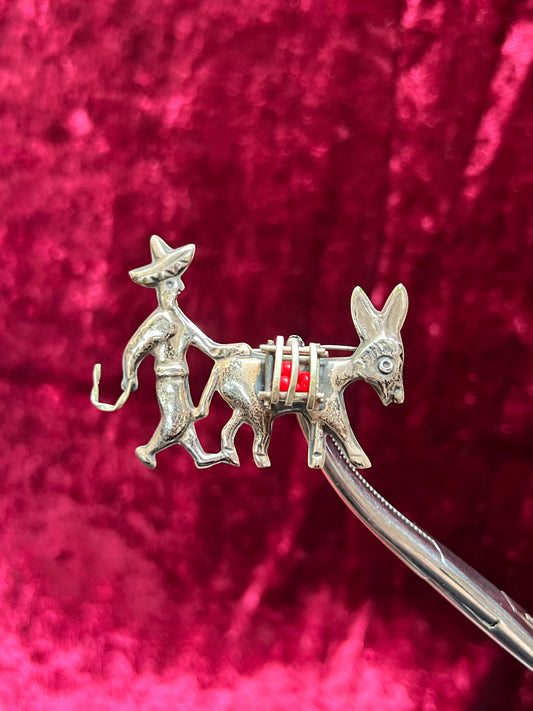 Vintage Jewelry - Brooch - Sterling Silver - Donkey and Minder - Mexico