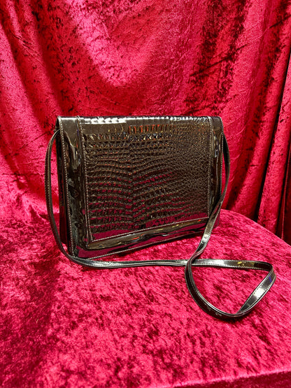 Vintage Accessories - Convertible Purse - Black Faux Patent Leather - Crocodile Skin Flap - Tandem Bags of California