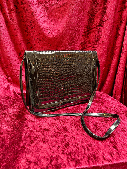 Vintage Accessories - Convertible Purse - Black Faux Patent Leather - Crocodile Skin Flap - Tandem Bags of California