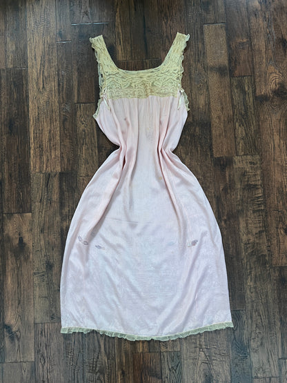Vintage 1940s Pink Shift Nightgown - Sleeveless Lace Trim Slip Dress - Medium