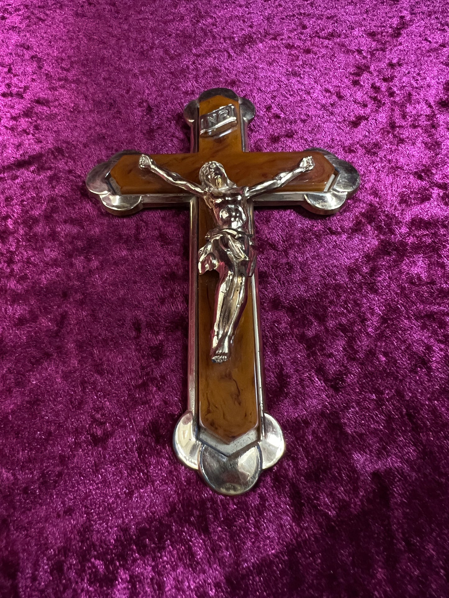 Vintage Brass Crucifix Cross - Marbled Bakelite Inlay Religious Wall Hanging