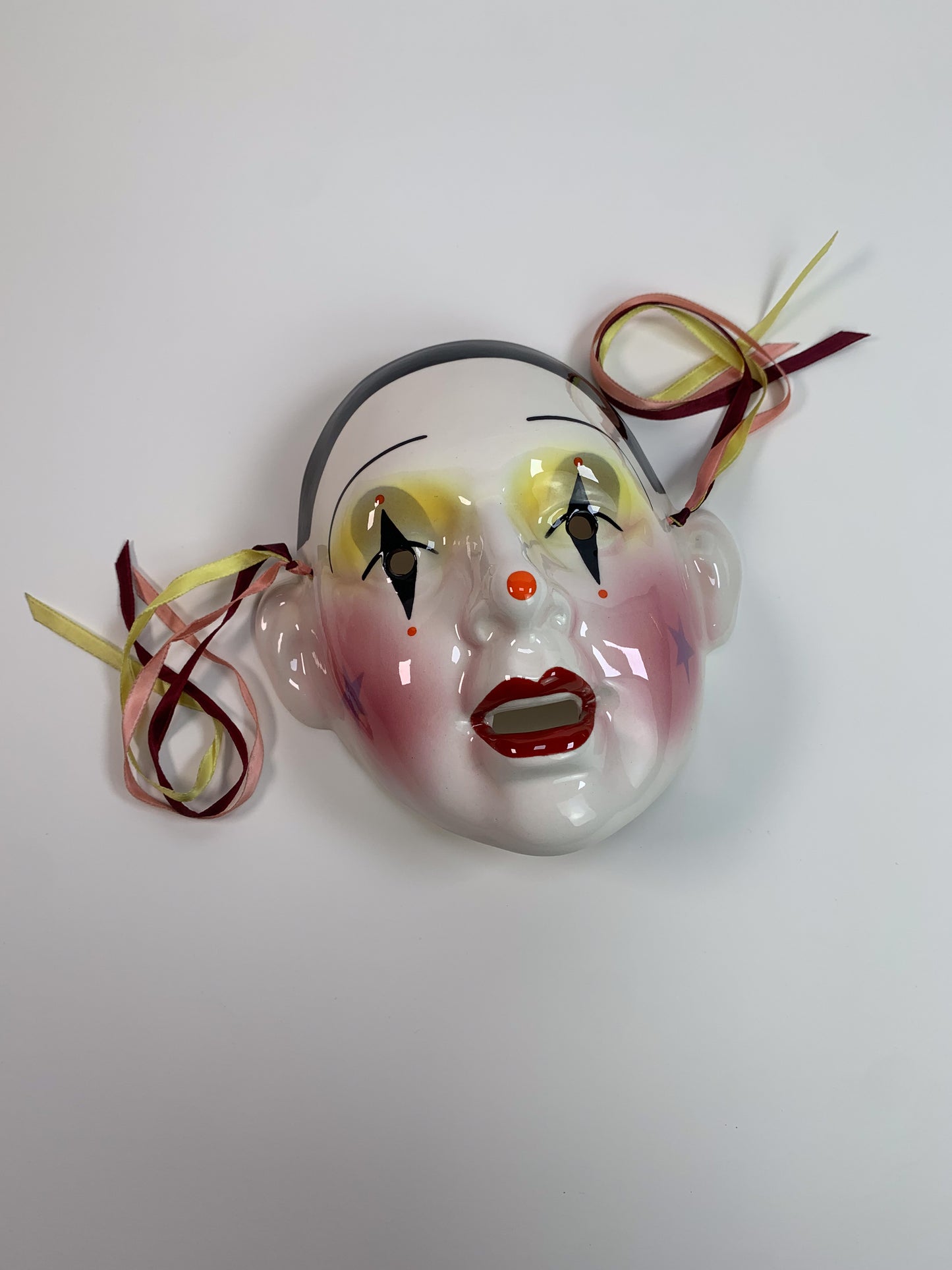 Vintage 1980s About Face Ceramic Pierrot Clown Mask - Harlequin Makeup with Stars - Made In U.S.A.