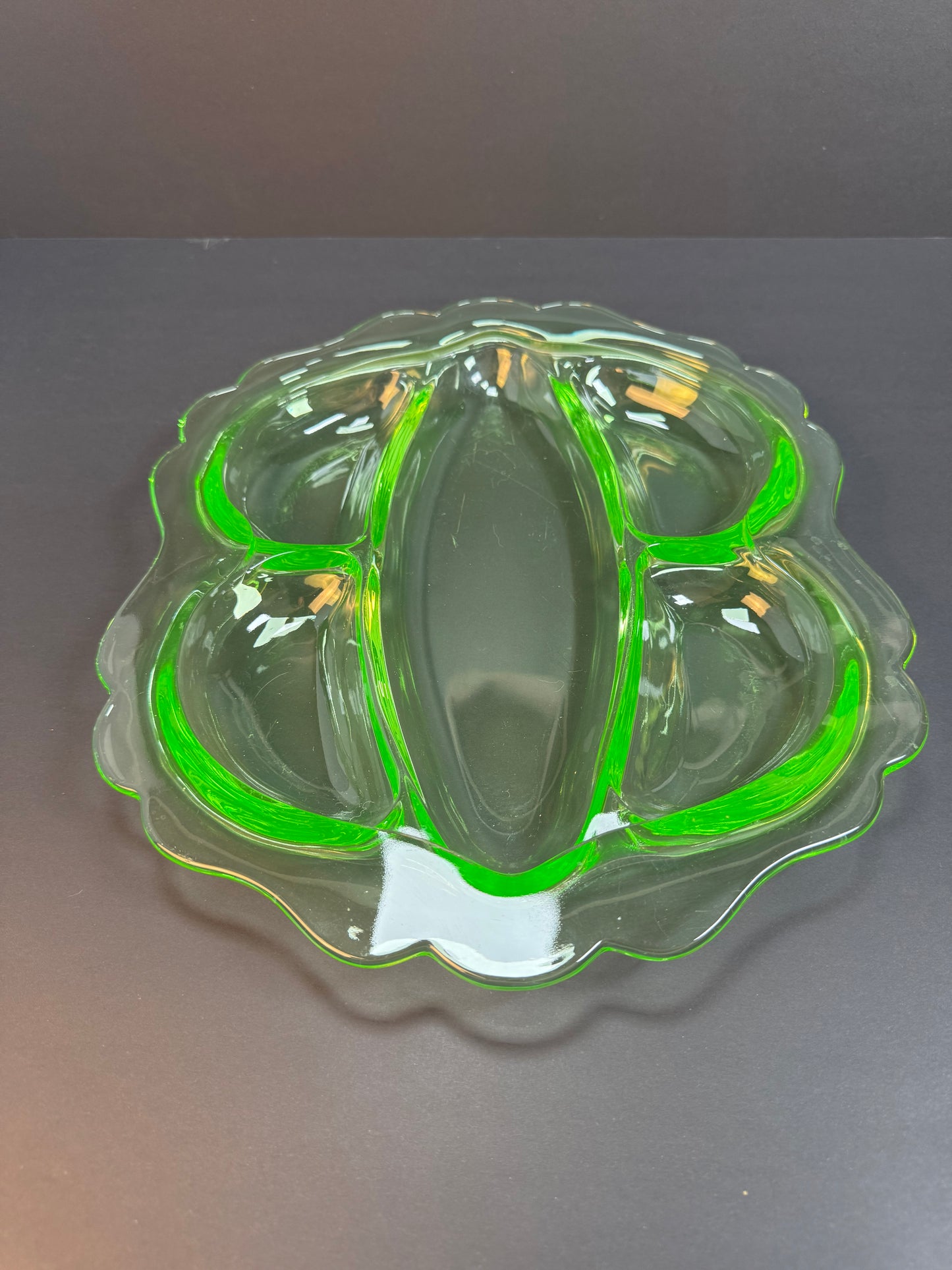 Vintage Uranium Glass - Heavy Divided Condiment Dish