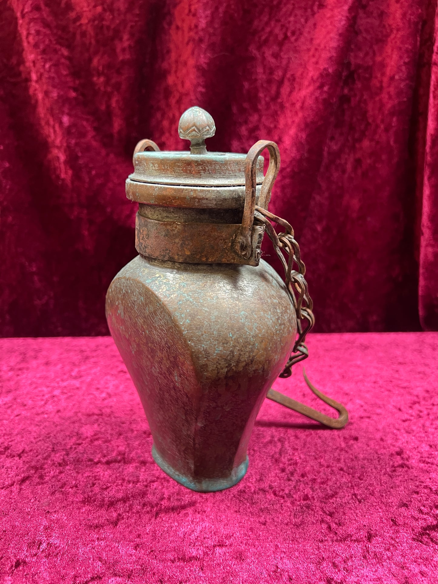 Vintage Oddities - Antique Copper Lidded Vessel with Iron Wood Hook