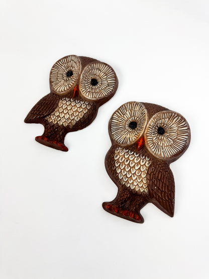 Vintage 1970s Big Eyes Owls Wall Plaque Foam Plastic - Set of 2