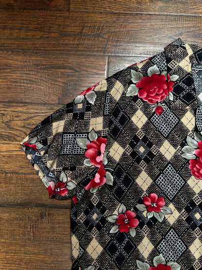 Vintage Rayon Blouse - Argyle Floral Print California Concepts - Large