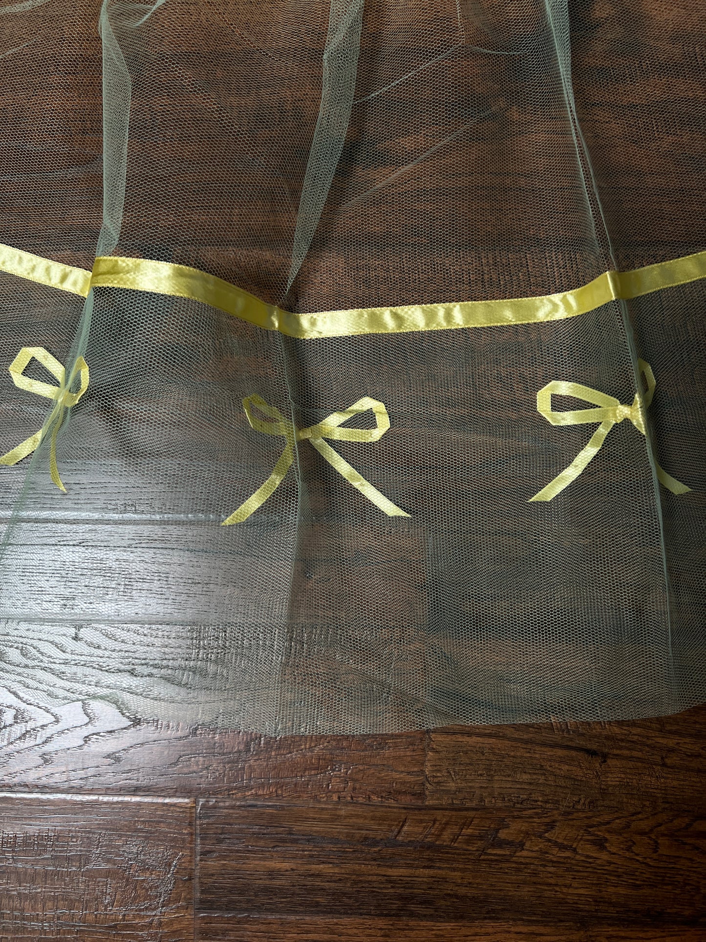 Vintage Handmade Green Tulle Half Apron — Mid Century Yellow Satin Ribbon Bows