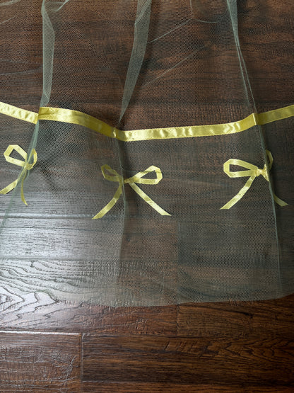 Vintage Handmade Green Tulle Half Apron — Mid Century Yellow Satin Ribbon Bows