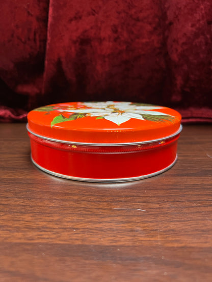 Vintage Christmas - Metal Storage Tin - White Poinsettias and Mistletoe