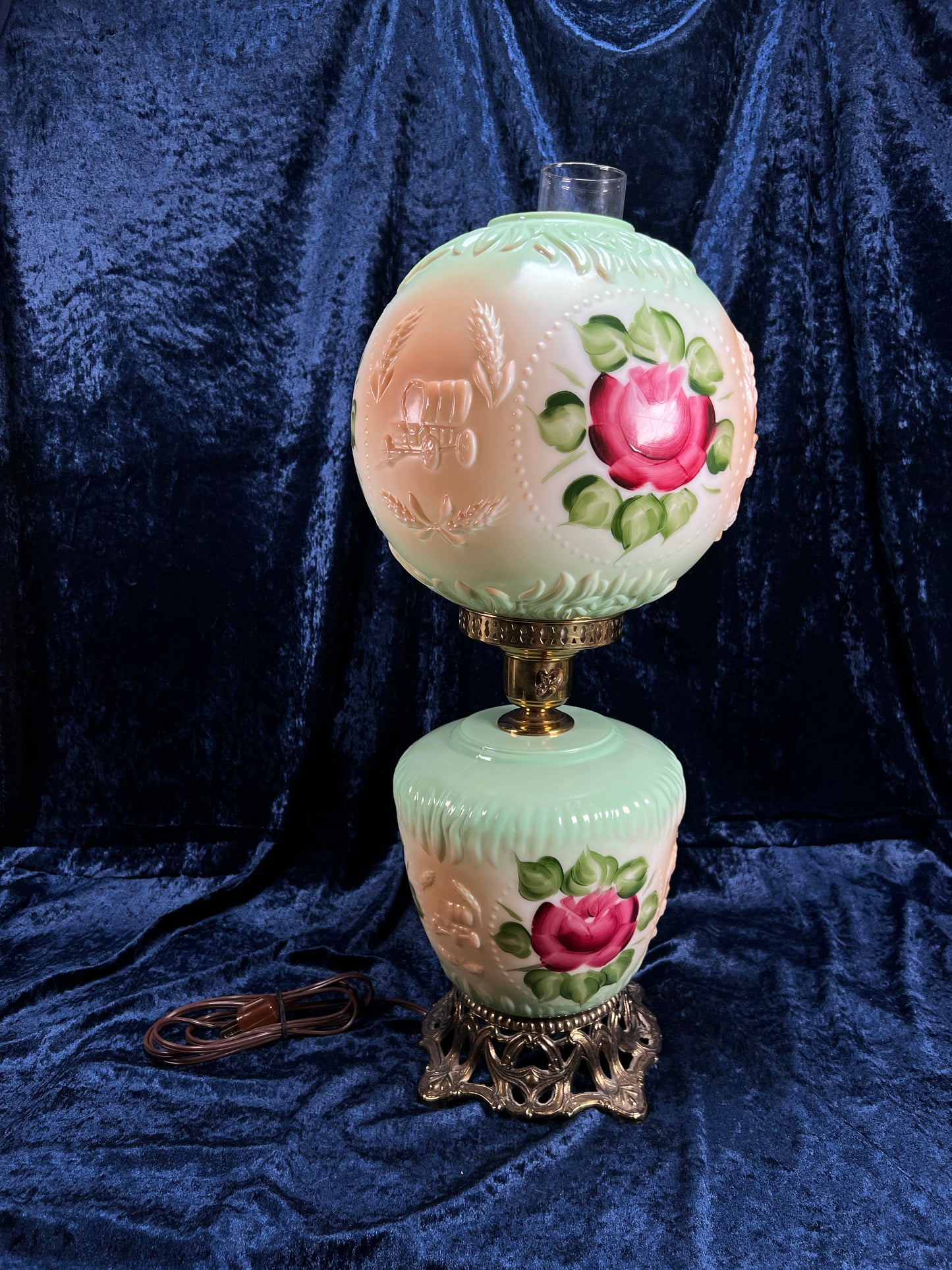 Vintage Fenton Milk Glass Table Lamp – Hand Painted Roses Double Globe Hurricane Parlor Style