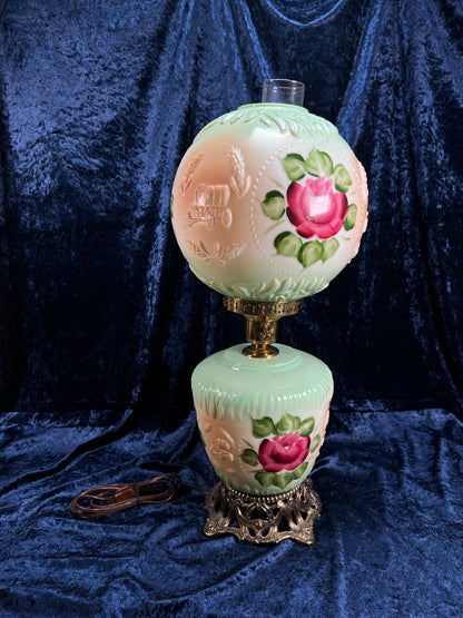 Vintage Fenton Milk Glass Table Lamp – Hand Painted Roses Double Globe Hurricane Parlor Style
