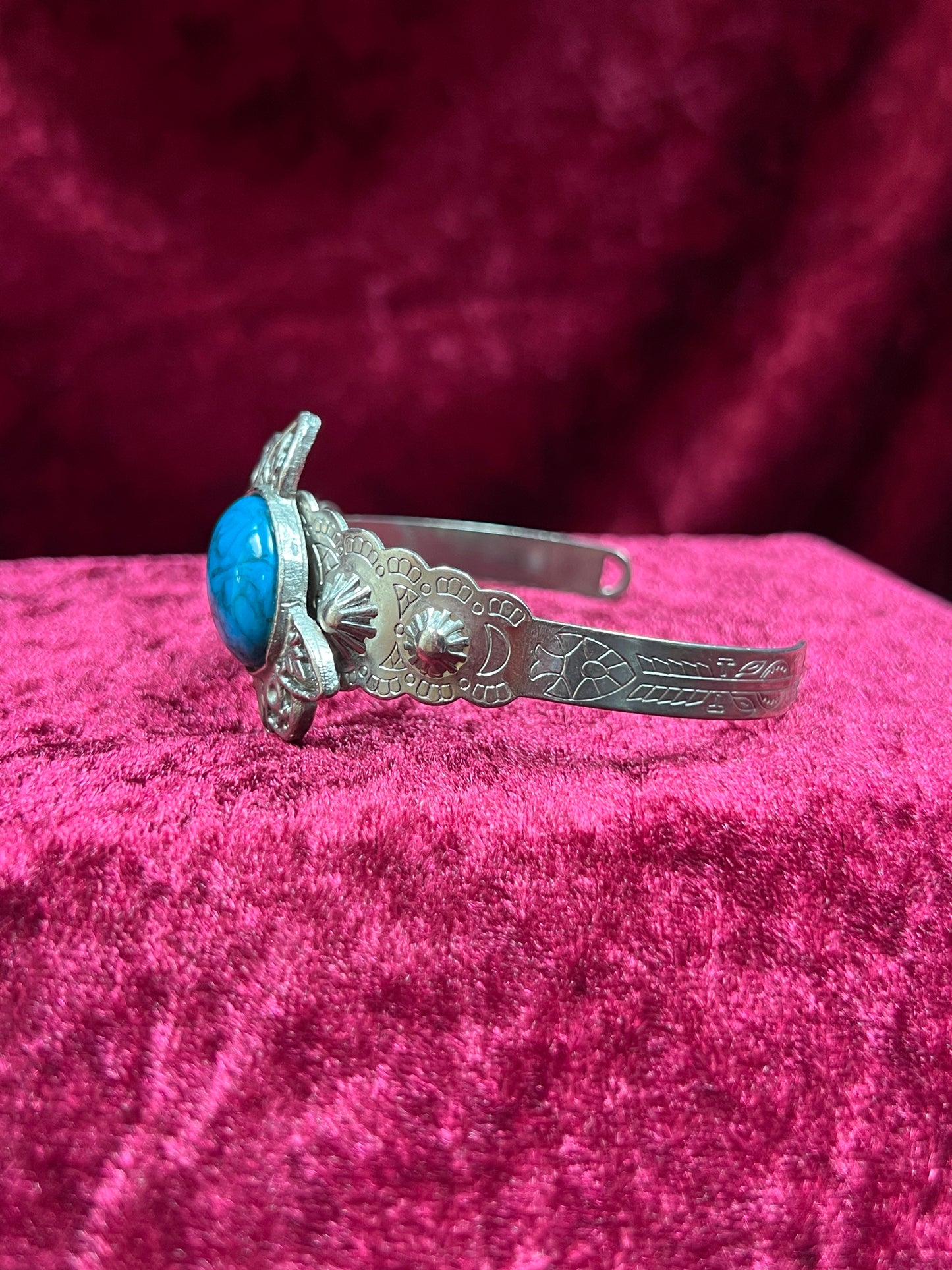 Vintage Jewelry - Cuff Bracelet - Engraved Silver Tone Metal - Faux Turquoise Center