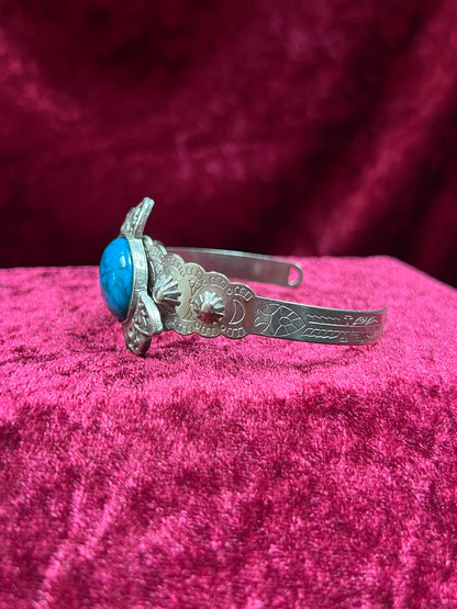 Vintage Jewelry - Cuff Bracelet - Engraved Silver Tone Metal - Faux Turquoise Center