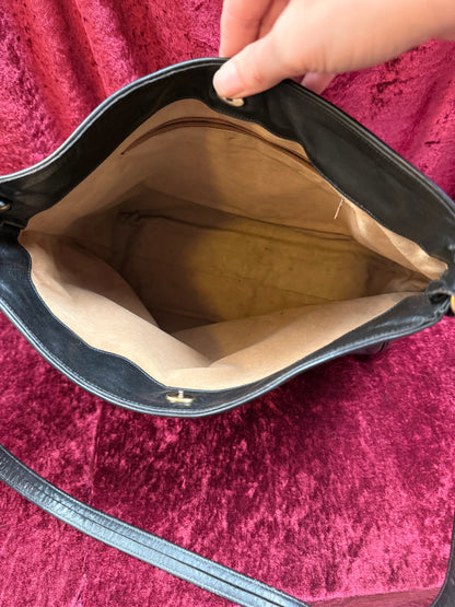 Vintage Accessories - Crossbody Hobo Bag - Black Leather with Brass Hardware