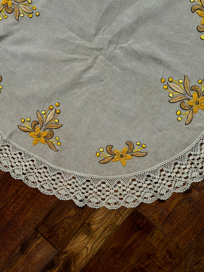 Vintage Circular Linen Table Cover - Harvest Yellow Embroidered Florals Crochet Lace Trim