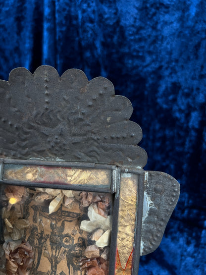 Vintage Metal Religious Shadow Box – Crucifixion Dried Flower Folk Art Shrine