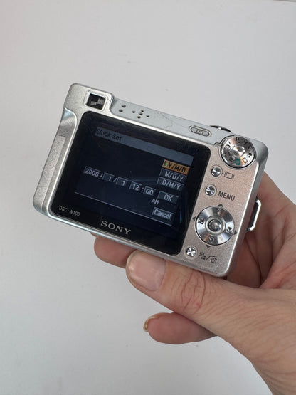 Vintage Digital Camera - Sony Cybershot DSC W100 8.1 MP - Silver - Tested Works w Battery and Memory Card