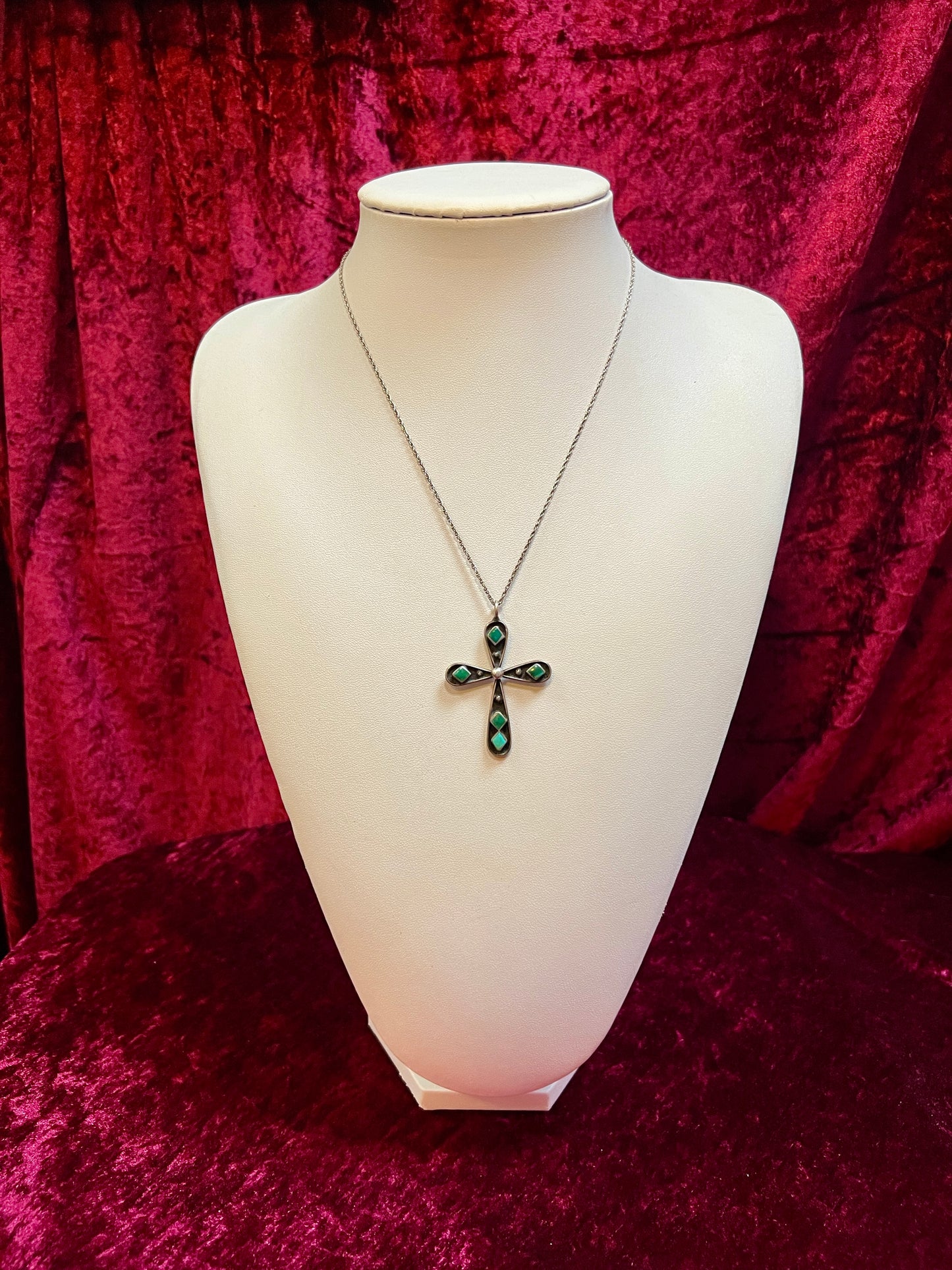 Vintage Jewelry - Pendant Necklace - Sterling Silver - Zuni Turquoise Cross
