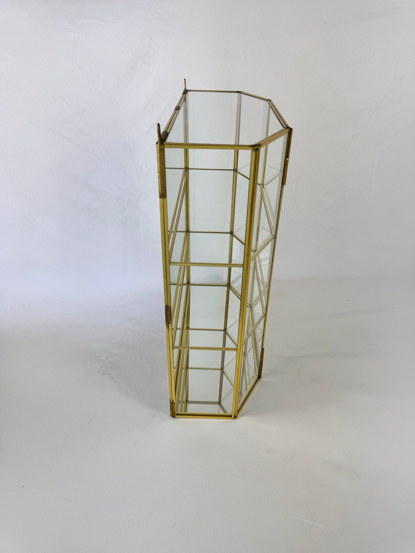 Vintage Mirrored Brass & Glass Wall Hanging Curio Cabinet - Large