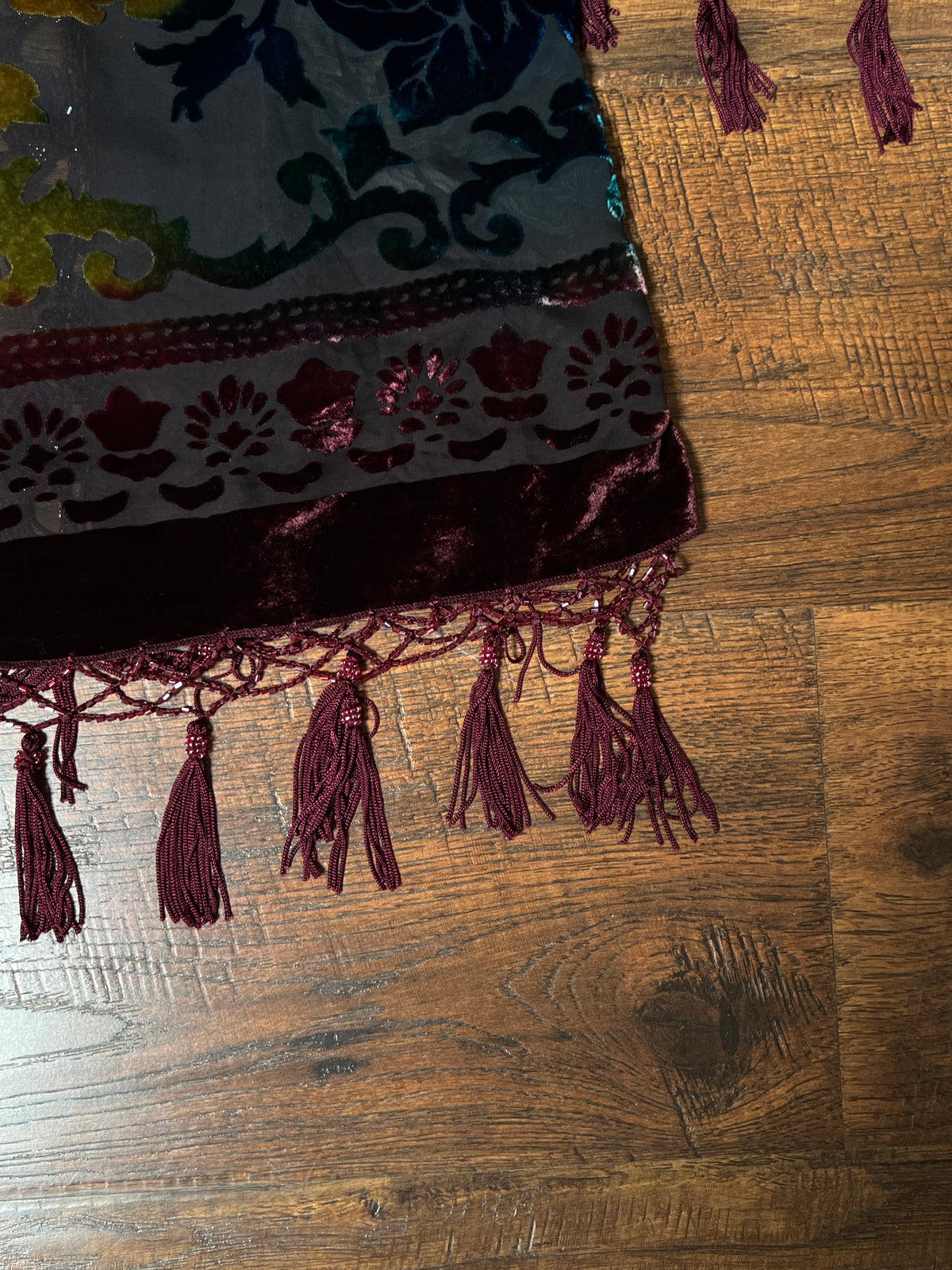 Vintage Velvet Burnout Shawl - Jewel Tone Floral Beaded Fringe Wrap - Size Small