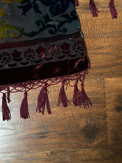 Vintage Velvet Burnout Shawl - Jewel Tone Floral Beaded Fringe Wrap - Size Small