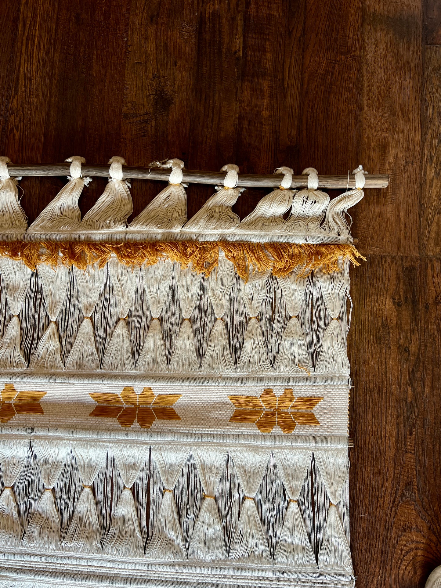 Vintage Colombian Woven Wall Hanging - 1970s Boho Tapestry - Cream and Gold