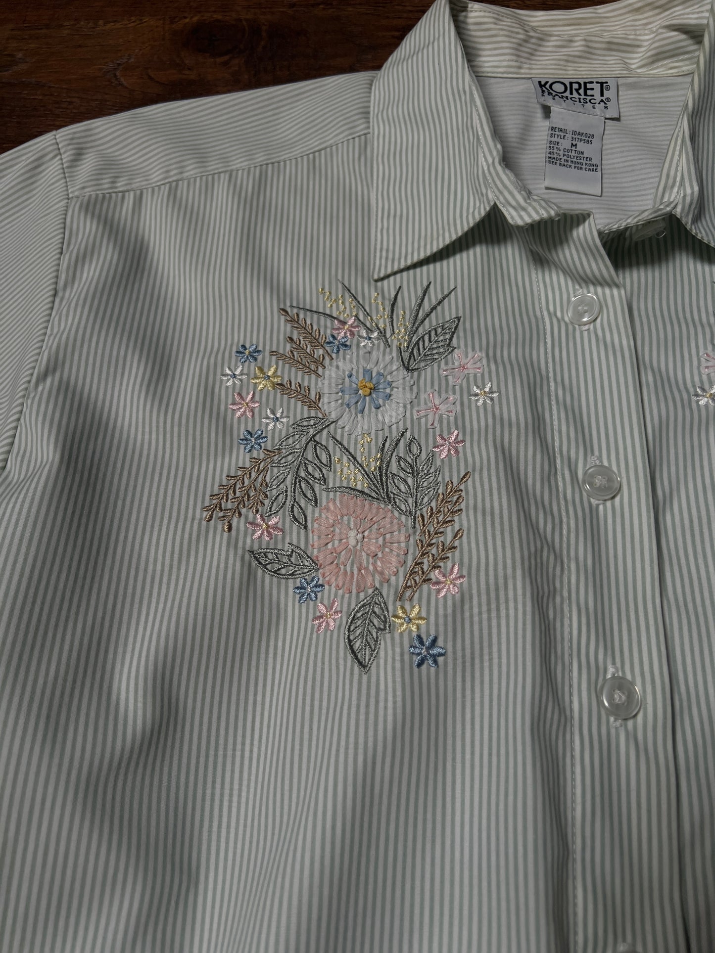 Vintage Koret Francisca Cotton Blend Blouse – Green Pinstripe Floral Embroidery – Medium