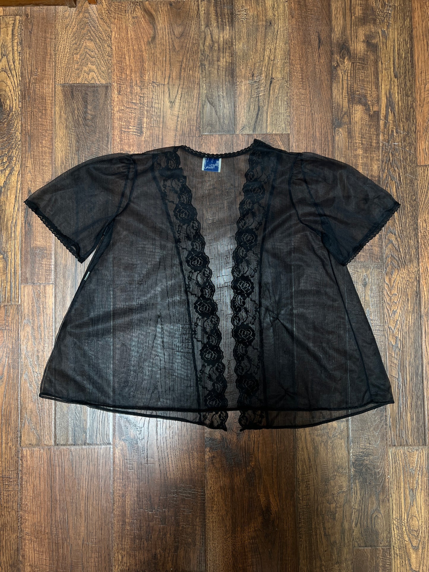 Vintage Night Winks Bed Jacket -  Sheer Black with Floral Lace Open Front - Medium