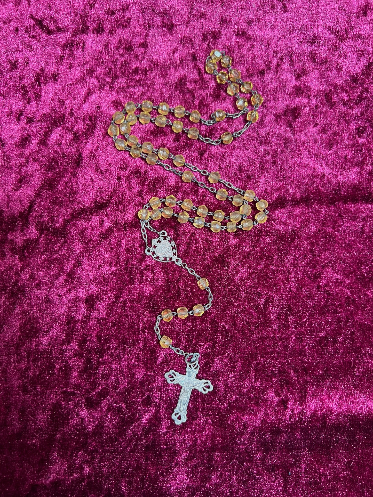 Vintage Jewelry - Rosary Beads - Faceted Amber Beads - Silver Tone Cross - 13.75"