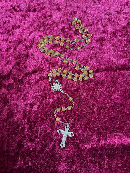 Vintage Jewelry - Rosary Beads - Faceted Amber Beads - Silver Tone Cross - 13.75"