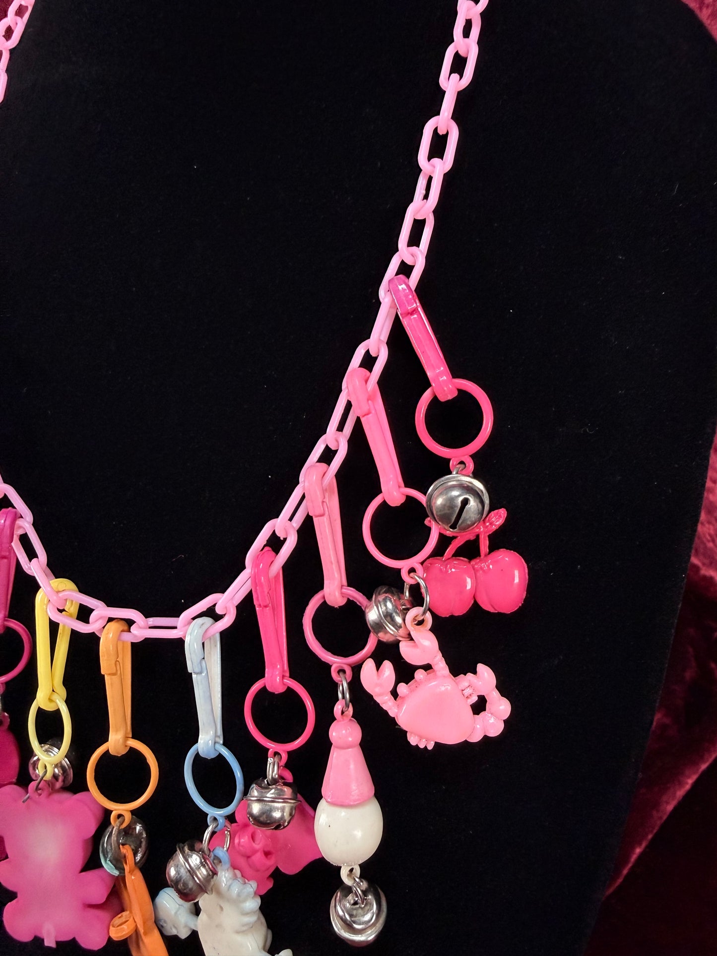 Vintage 1980s Plastic Chain Charm Necklace - 12 Bell / Googly Eyes Charms - Pink & Purple