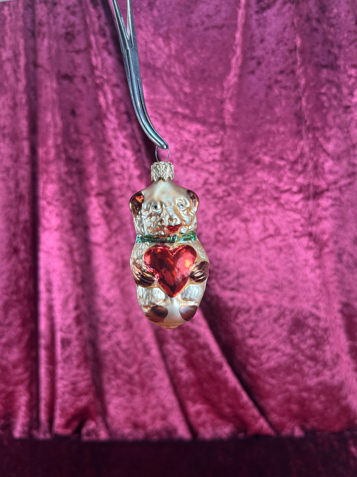Vintage Christmas - Handblown Glass Ornament - Bear Holding A Red Heart - 4"
