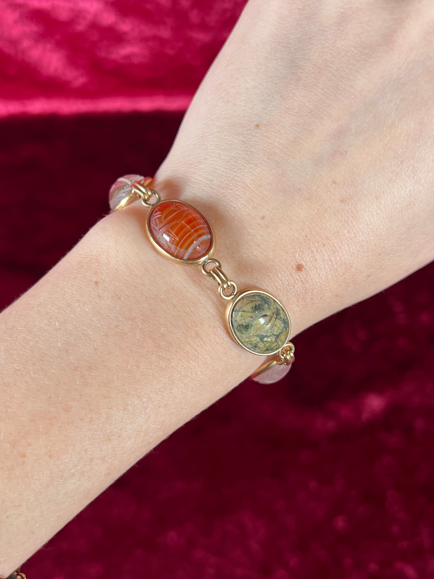 Vintage Jewelry - Bracelet - Gold Tone - Multicolor Carved Scarab Beetles - Krementz - 7"