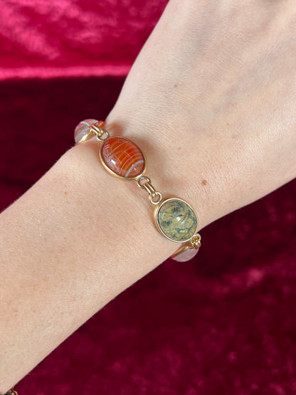 Vintage Jewelry - Bracelet - Gold Tone - Multicolor Carved Scarab Beetles - Krementz - 7"