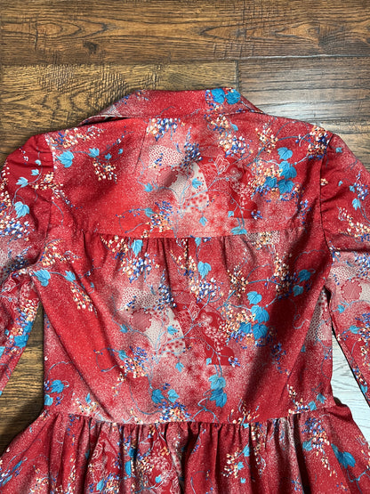 Vintage Clothing - Long Sleeve Fit and Flare Shirt Dress - Mid Century Floral Pattern on Red - Medium