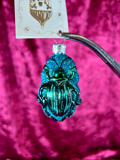 Vintage Christmas - Handblown Glass Ornament - Cleopatra's Scarab - Blue and Green - Patricia Breen