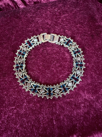 Vintage Silver Tone Rhinestone Bracelet - Two Tone Blue Crystal Beaded Design