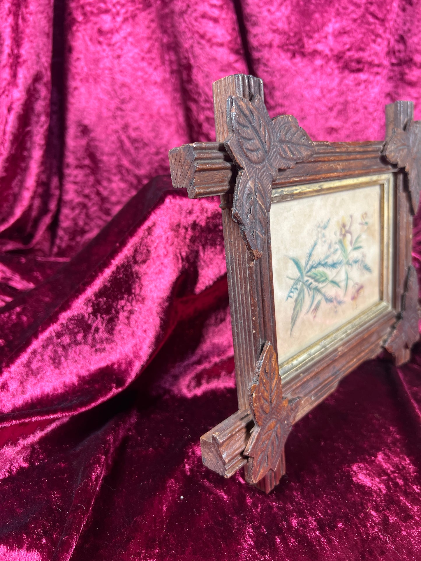 Vintage Wall Art - Antique Black Forest Style Frame - Spring Florals Illustration