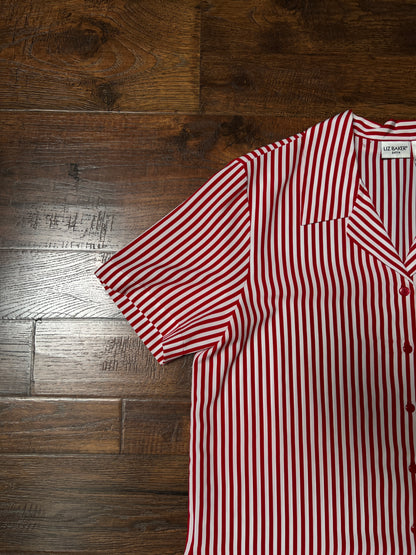 Vintage Liz Baker Petite Polyester Blouse – Red & White Striped Button Up – Large