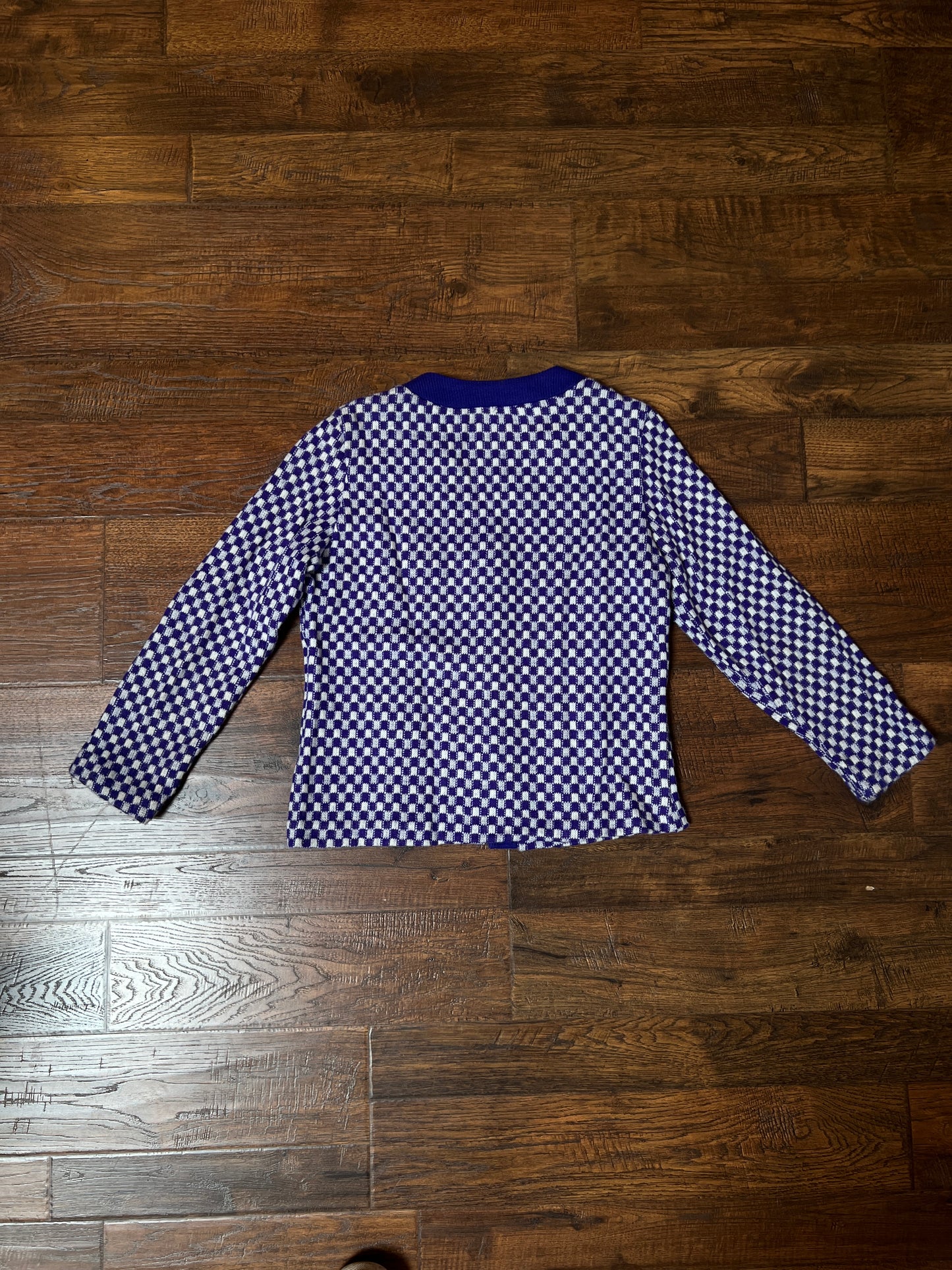 Vintage Acrylic Cardigan - Purple White Checkered Knit Button Front Sweater - Small