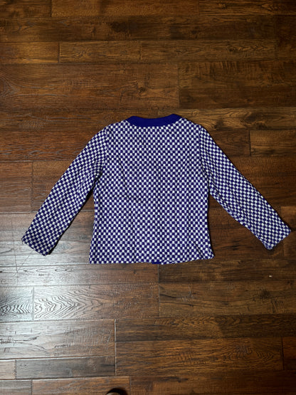 Vintage Acrylic Cardigan - Purple White Checkered Knit Button Front Sweater - Small